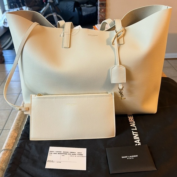 NEW YVES SAINT LAURENT EAST WEST TOTE BAG AND POUCH SOFT CREMA - Picture 13 of 14